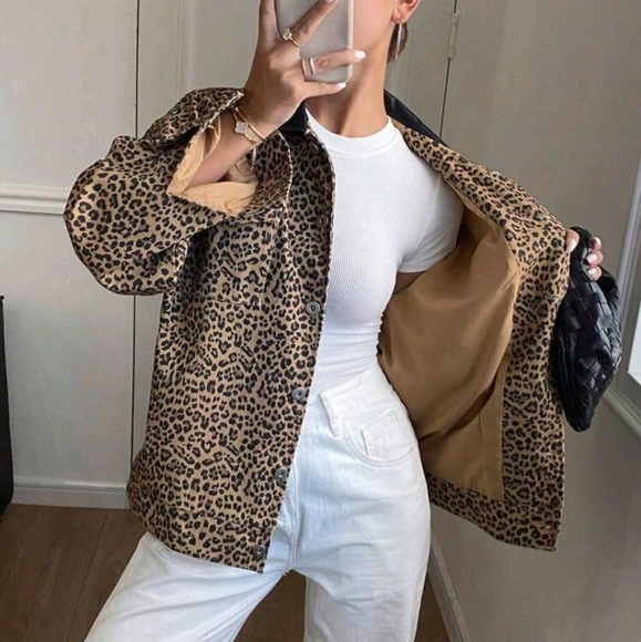 Leopard Print Patchwork Pu Collar Long Sleeve Pocket Women Jacket - Picture 3 of 8